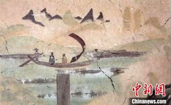 “一人搖櫓晃扁舟，兩人撐篙水上漂。”圖為莫高窟第323窟《搖櫓帆船》（初唐）?！《鼗脱芯吭汗﹫D