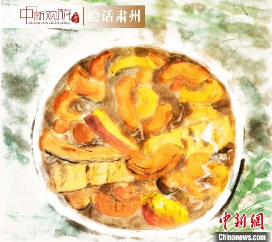 圖為酒泉美食“糊鍋”繪畫作品?！《排d彥 攝
